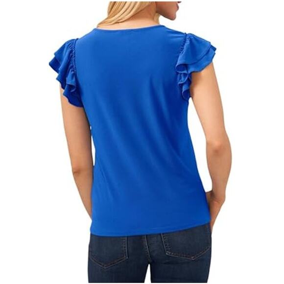 New CECE NORDSTROM Women's Blue Ruffled Flutter Short Sleeve Knit Top Size M - Picture 2 of 7